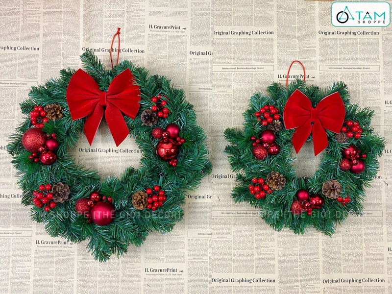 Vòng nguyệt quế Noel cổ điển nơ đỏ ĐK 40-50cm VNGQ-X-47